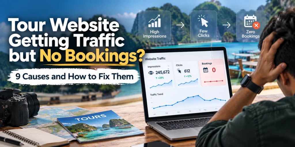 Tour operator frustrated at a laptop showing high website traffic but zero bookings