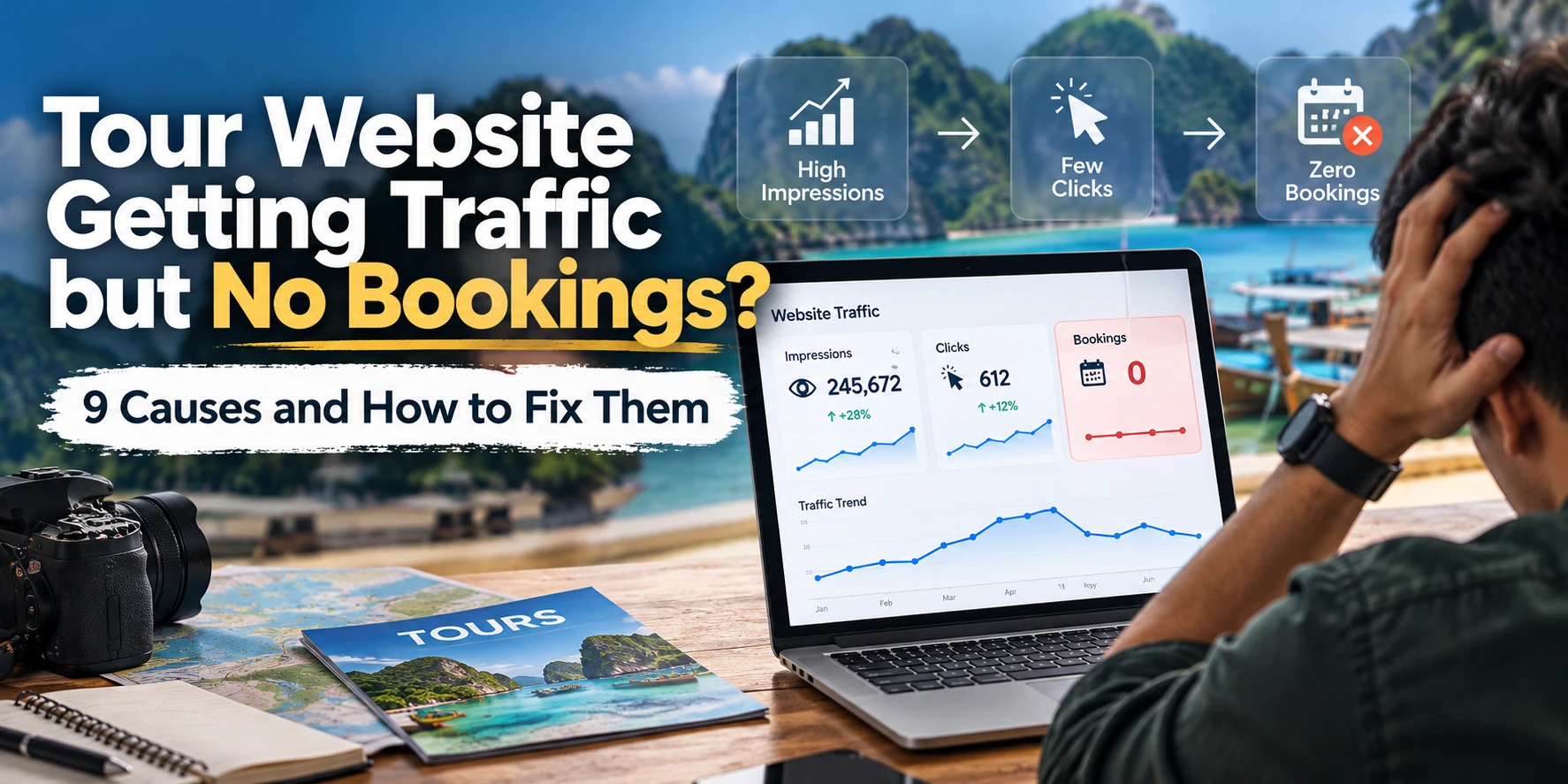 Tour operator frustrated at a laptop showing high website traffic but zero bookings
