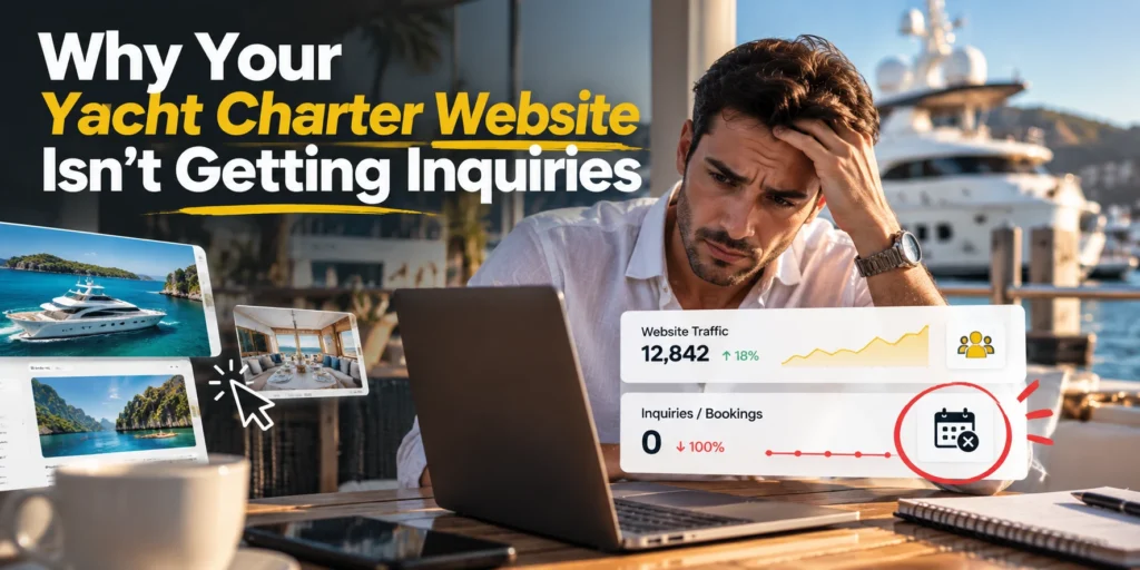 Yacht charter operator frustrated at a laptop showing rising website traffic but zero inquiries