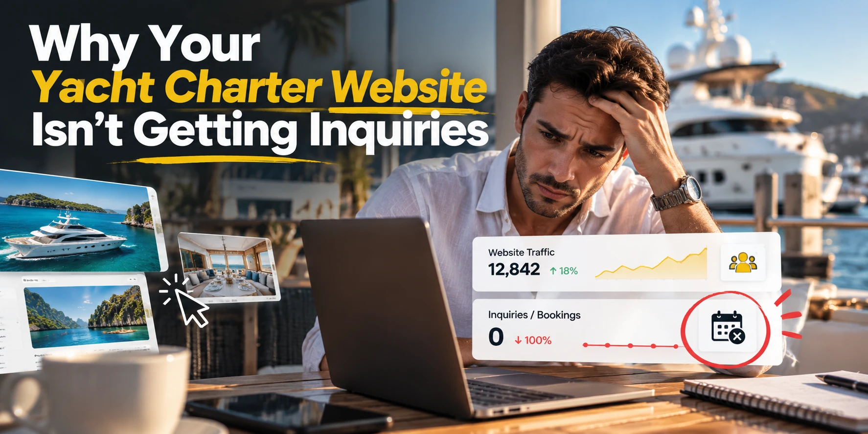 Yacht charter operator frustrated at a laptop showing rising website traffic but zero inquiries